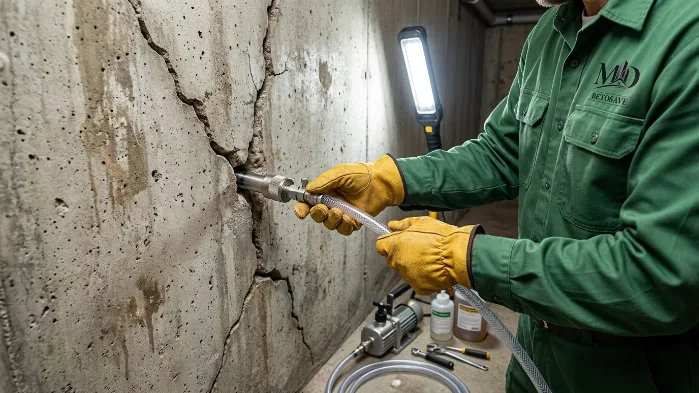 Über MD Betosave 3 Fachkraft bei der Risssanierung an einer Betonwand
