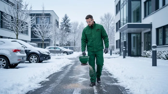 Winterdienst auf einem Gehweg